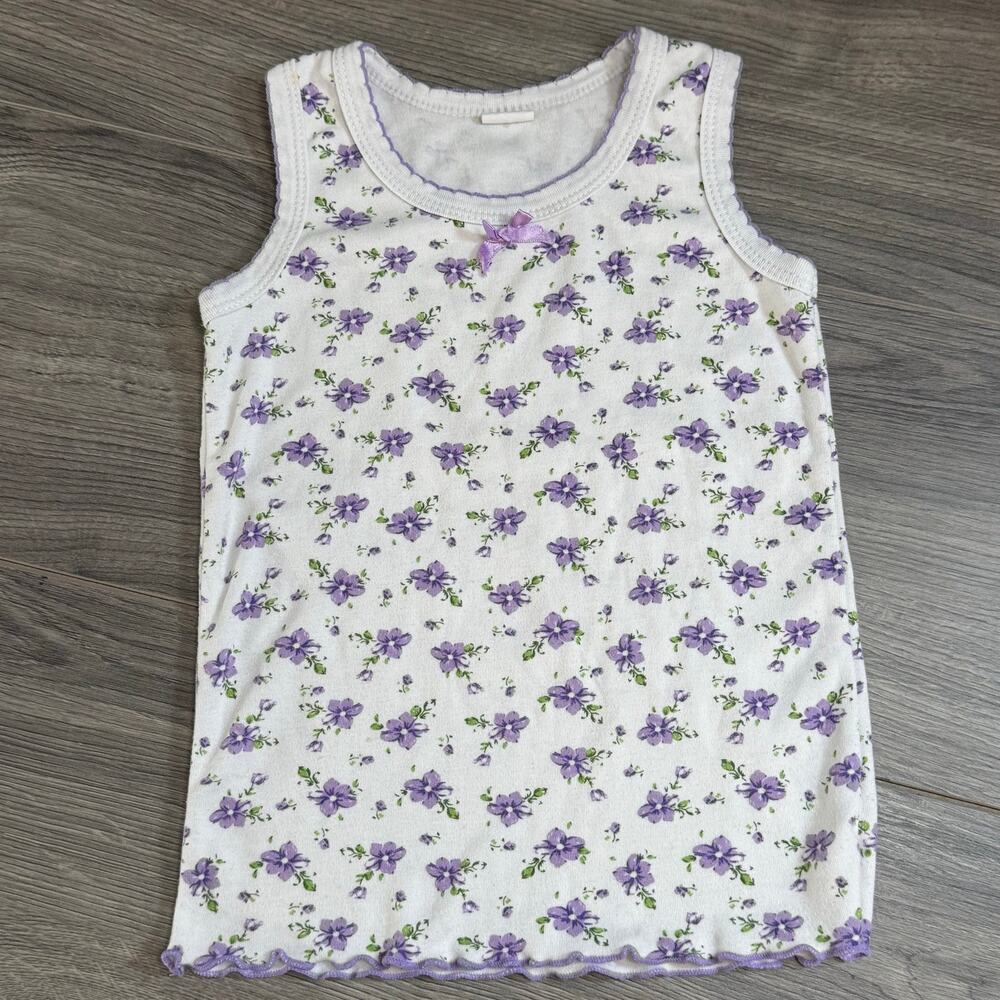 Vtg 90s MGM Girls Undershirt Size 4 Lettuce Hem Cottagecore Dainty Purple Floral